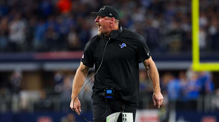 Detroit Lions coach Dan Campbell reacts during the fourth quarter against the Dallas Cowboys at AT&T Stadium.